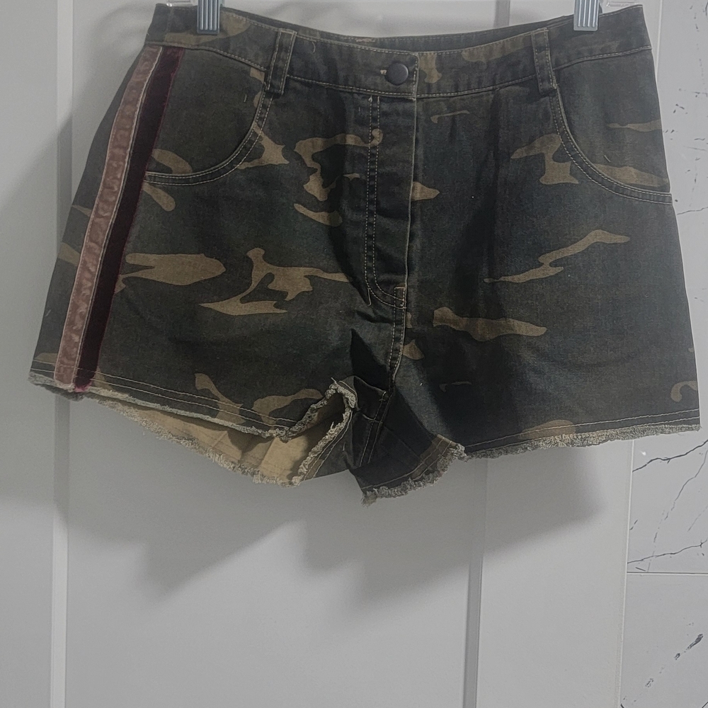 Sugarlips Camo Denim Shorts with Side Velvet Stripe - Green